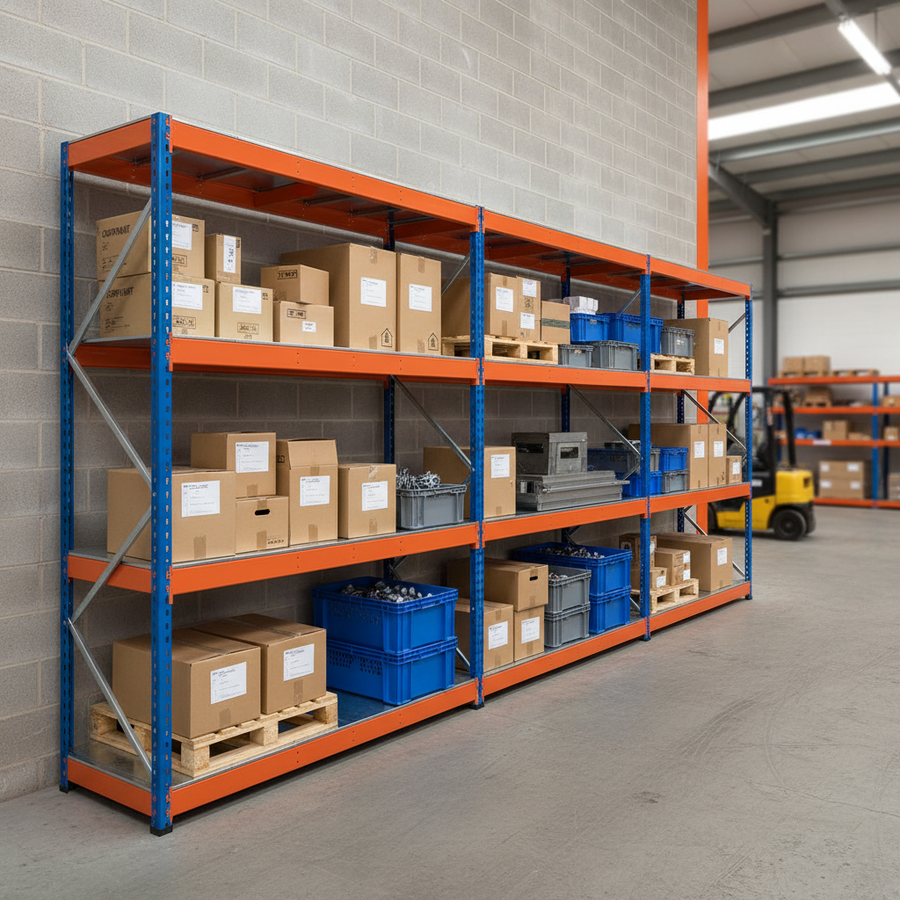3x Heavy Duty Industrial Shelving - 2440mm High - 400kg Capacity - Steel Construction - Front view