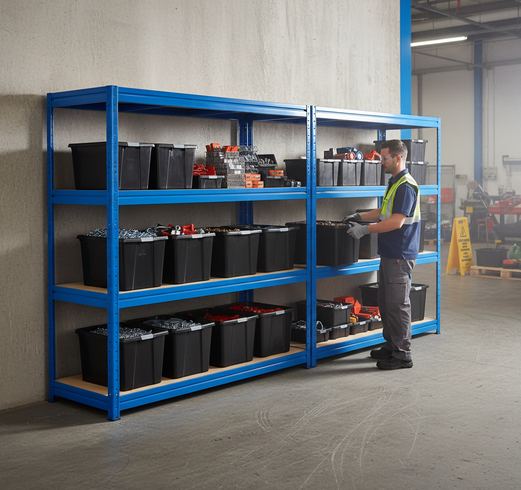 2x Premium Heavy Duty Shelving - 1770mm High - Blue with 8x 37L Plastic Storage Boxes - Front view