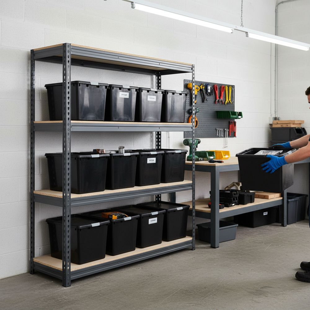 Premium Heavy Duty Shelving - 1600mm High - Grey with 8x 37L Plastic Storage Boxes - Side view