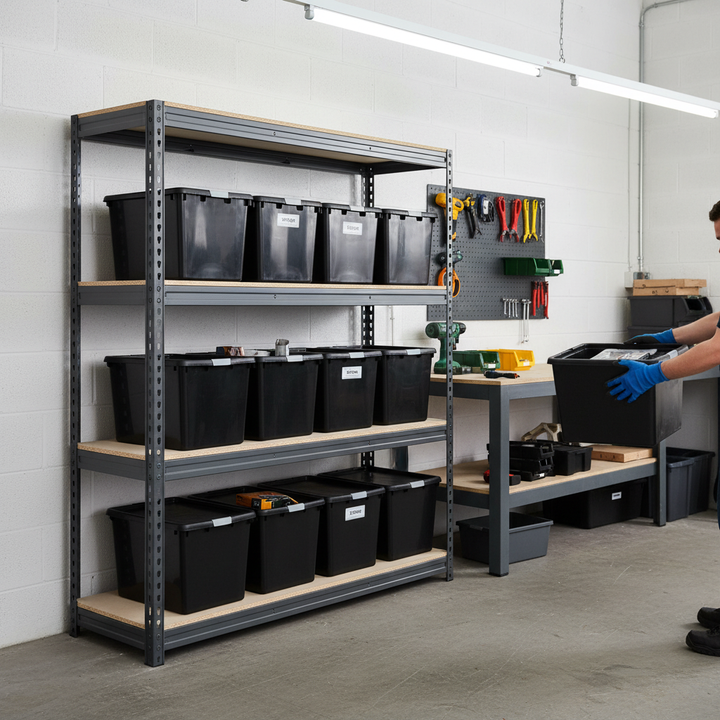 Premium Heavy Duty Shelving - 1600mm High - Grey with 8x 37L Plastic Storage Boxes - Side view