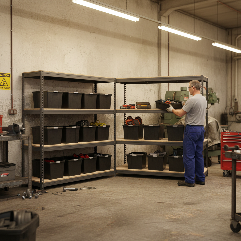 4x Premium Heavy Duty Shelving - 1600mm High - Grey with 12x 62L Storage Boxes - Front view