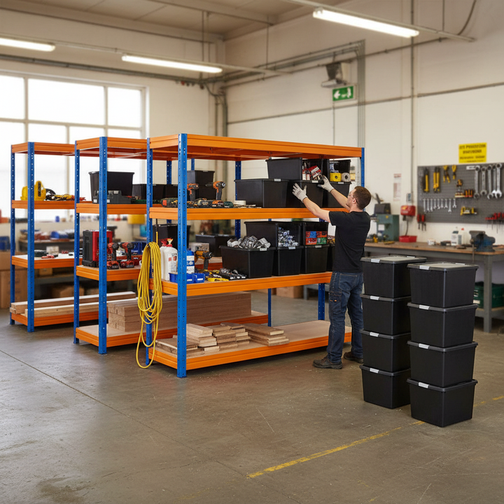 Premium Heavy Duty Shelving - 1770mm High - Blue & Orange with 12x 37L Plastic Storage Boxes - Side view