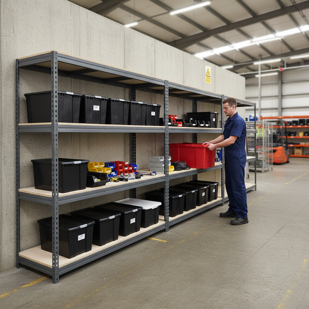 3x Premium Heavy Duty Shelving - 1600mm High - Grey with 8x 62L Plastic Storage Boxes - Side view