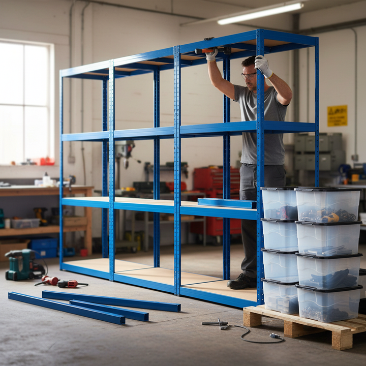 Premium 3x Shelving Units - 1600mm High - Blue with 12x 24L Storage Boxes - Front view