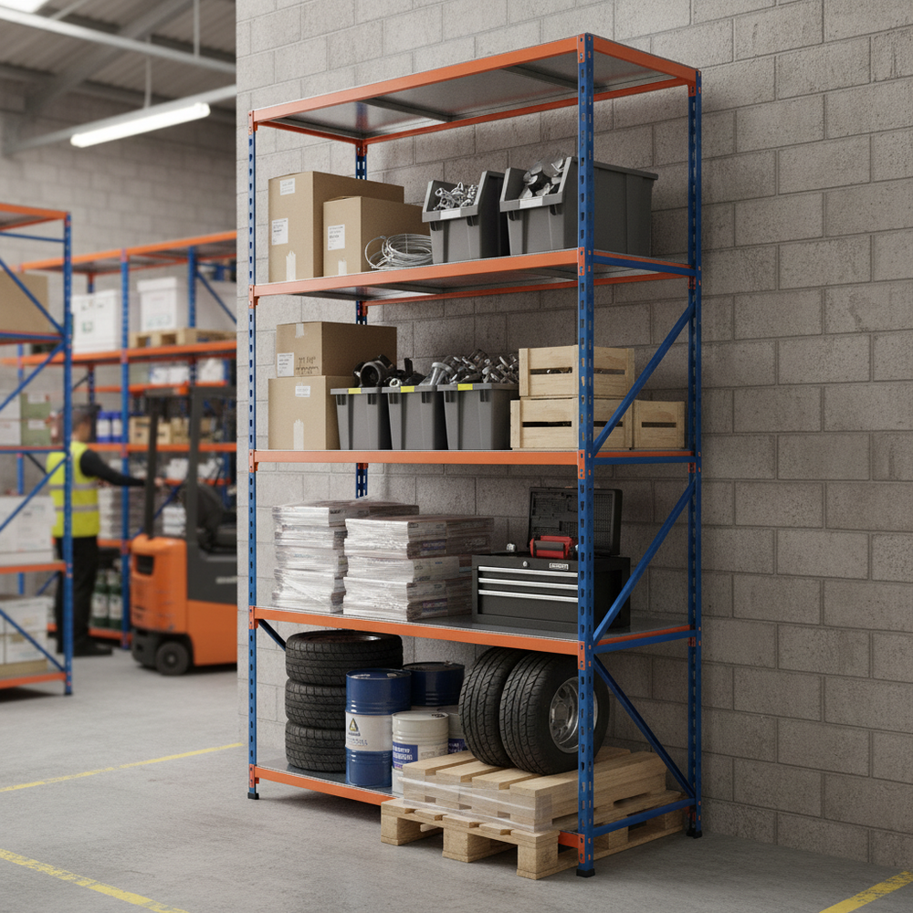 Premium Industrial Shelving - 2440mm High - 200kg Capacity - Steel Construction - Blue & Orange - Side view
