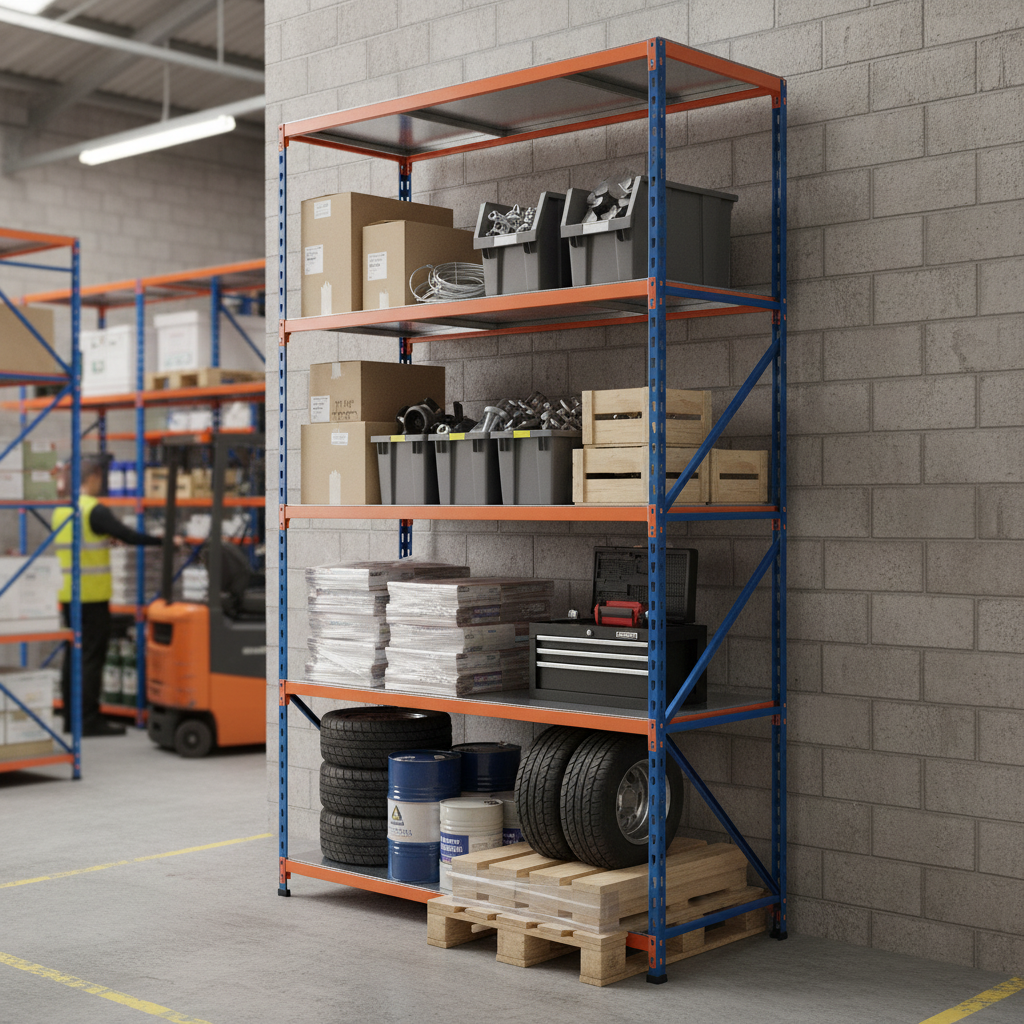 Premium Industrial Shelving - 2440mm High - 200kg Capacity - Steel Construction - Blue & Orange - Side view