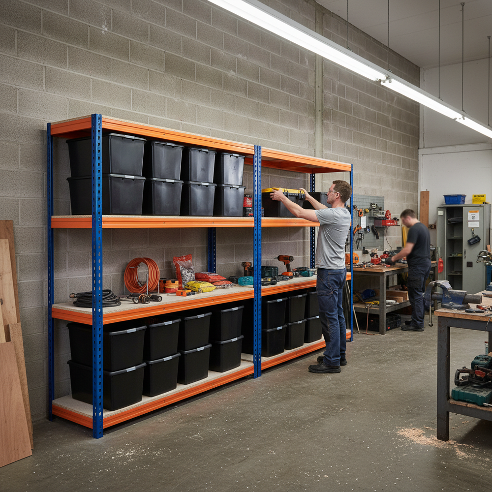 2x Heavy Duty Shelving - 1600mm High - Blue & Orange with 8x 62L Plastic Storage Boxes - Side view