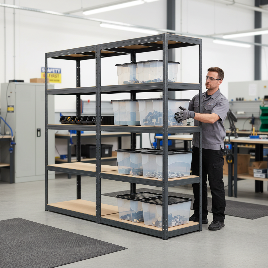3x Heavy Duty Shelving Units - 1800mm High - Grey with 8x 24L Storage Boxes - Front view