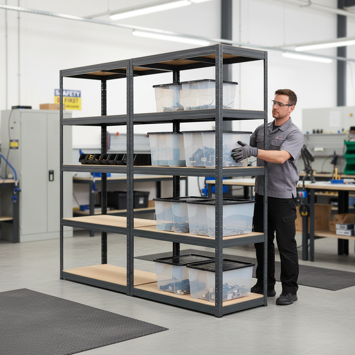 3x Heavy Duty Shelving Units - 1800mm High - Grey with 8x 24L Storage Boxes - Front view