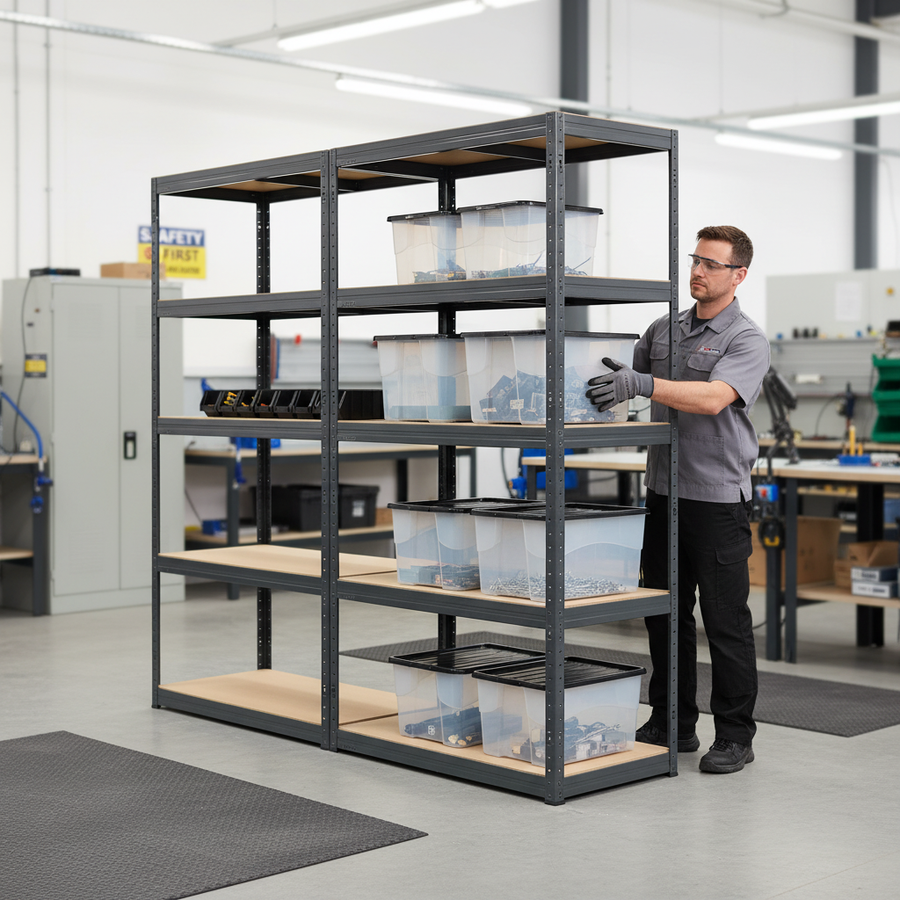 3x Heavy Duty Shelving Units - 1800mm High - Grey with 8x 24L Storage Boxes - Front view
