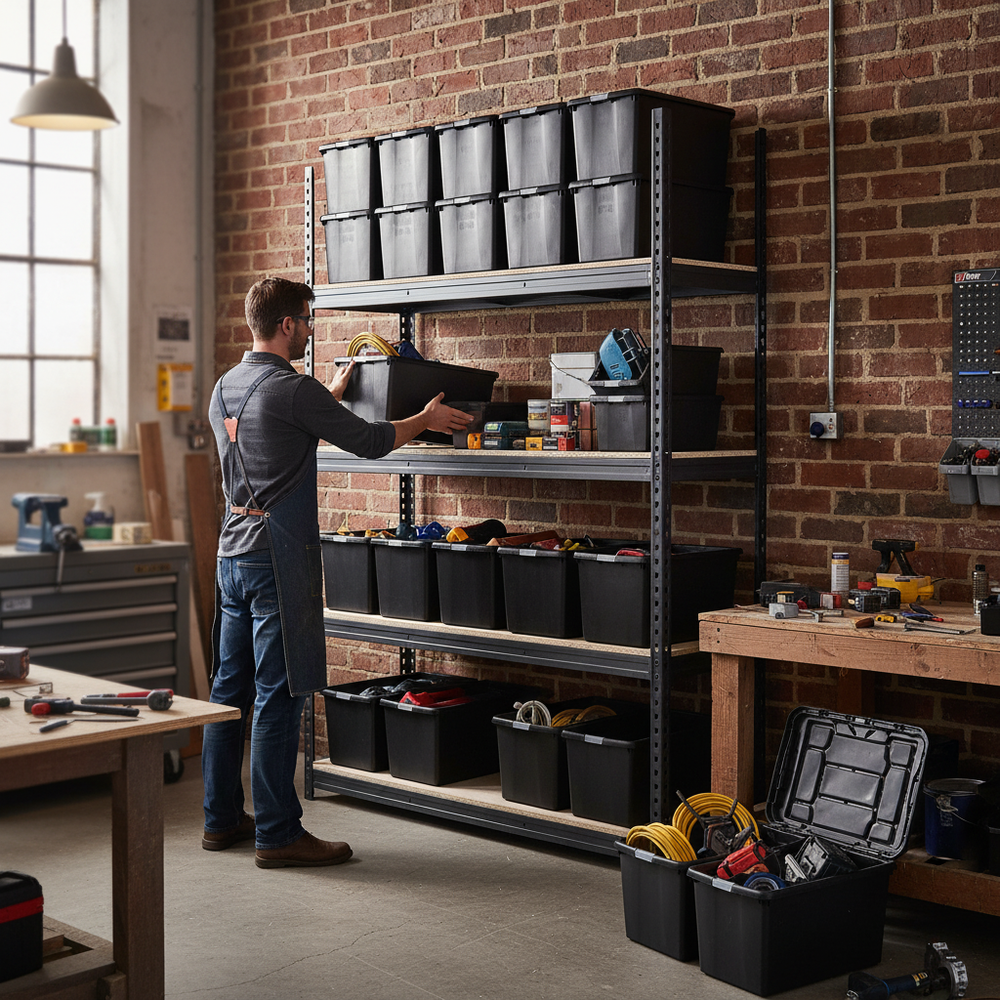 Heavy Duty Shelving - 1600mm High - Grey with 12x 62L Plastic Storage Boxes - Side view
