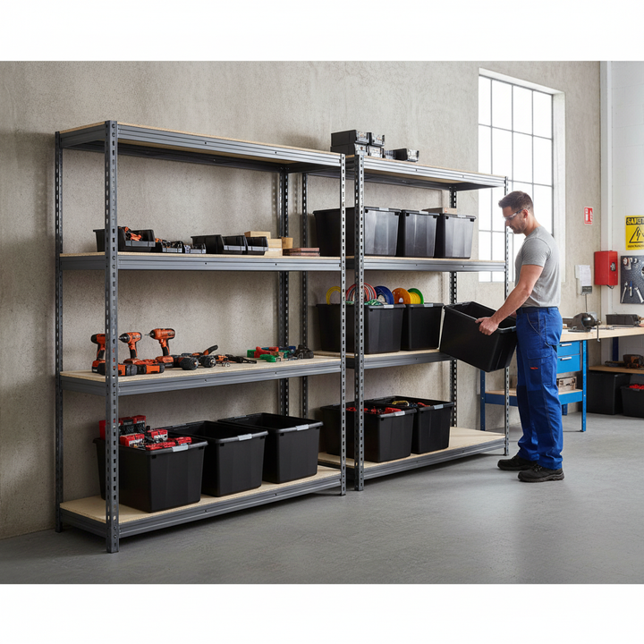 2x Premium Heavy Duty Shelving - 1800mm High - Grey with 8x 62L Plastic Storage Boxes - Front view
