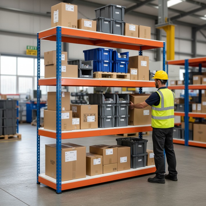 Premium Industrial Shelving - 1980mm High - 800kg Capacity - Melamine - Blue & Orange - Front view