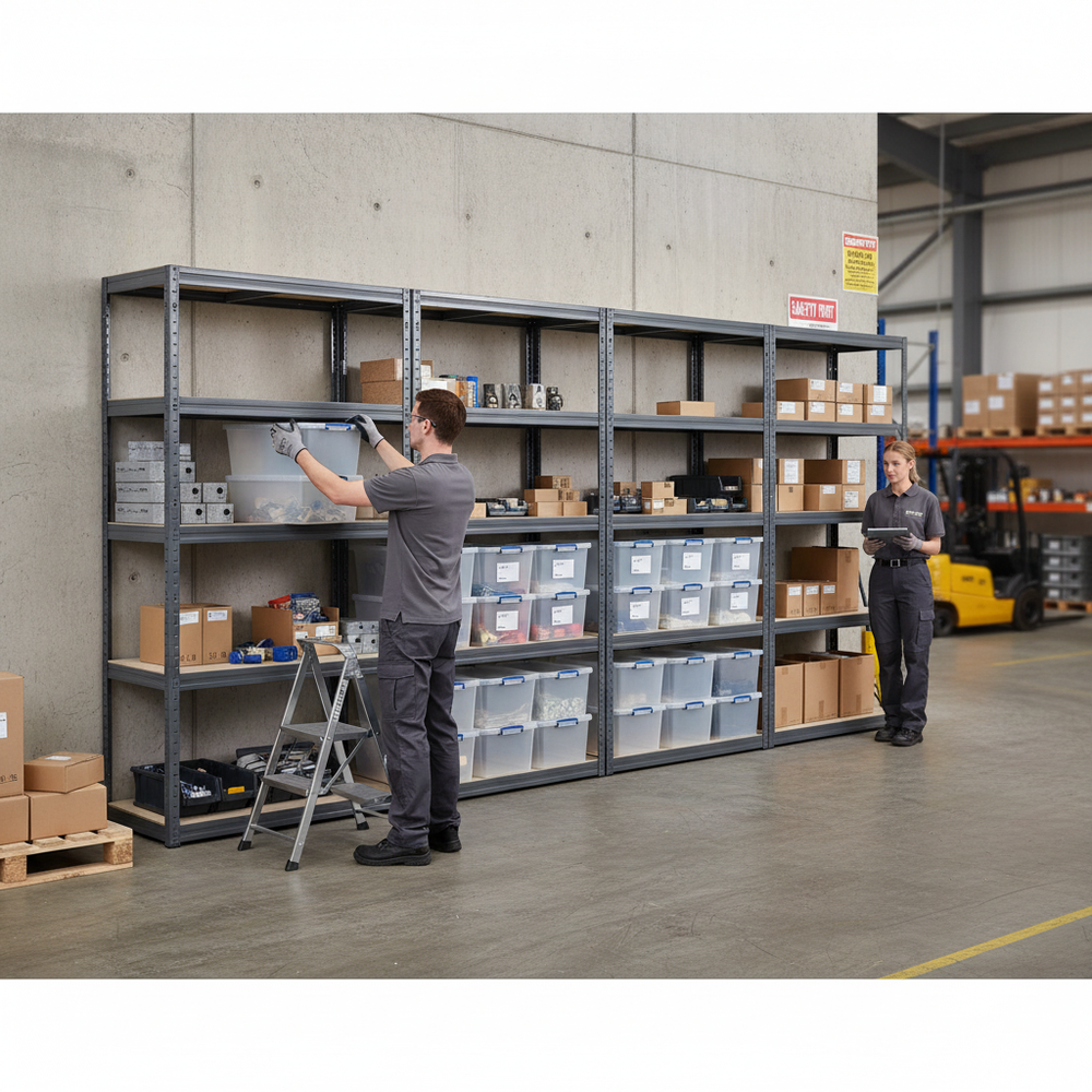 4x Heavy Duty Shelving Units - 2130mm High - Grey with 12x 33.5L Storage Boxes - Side view