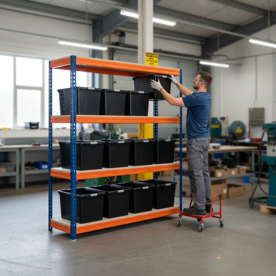 Heavy Duty Shelving Unit with 8x 37L Plastic Storage Boxes - 2200mm High - Front view