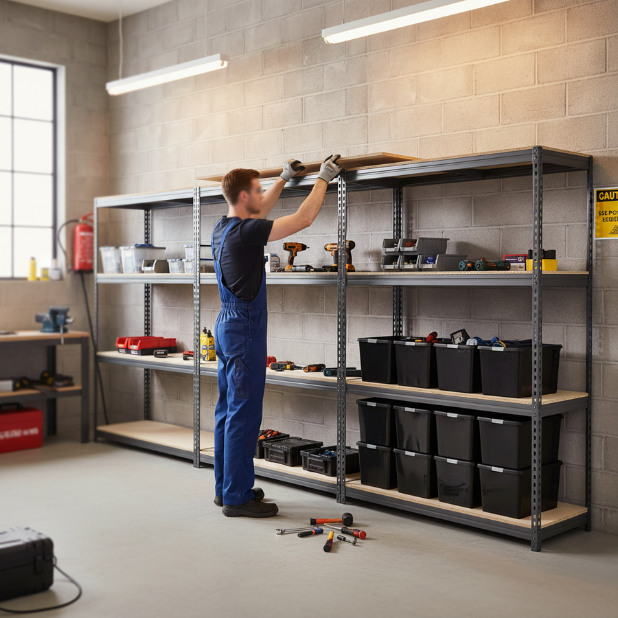 3x Premium Heavy Duty Shelving - 2000mm High - Grey with 8x 37L Storage Boxes - Front view