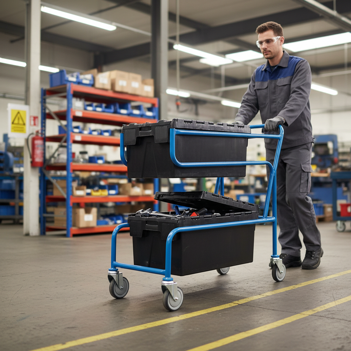 Heavy Duty Double Container Trolley with Tote Boxes for Easy Transport - Front view