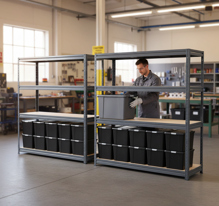 2x Premium Heavy Duty Shelving - 1770mm High - Grey with 8x 37L Plastic Storage Boxes - Front view