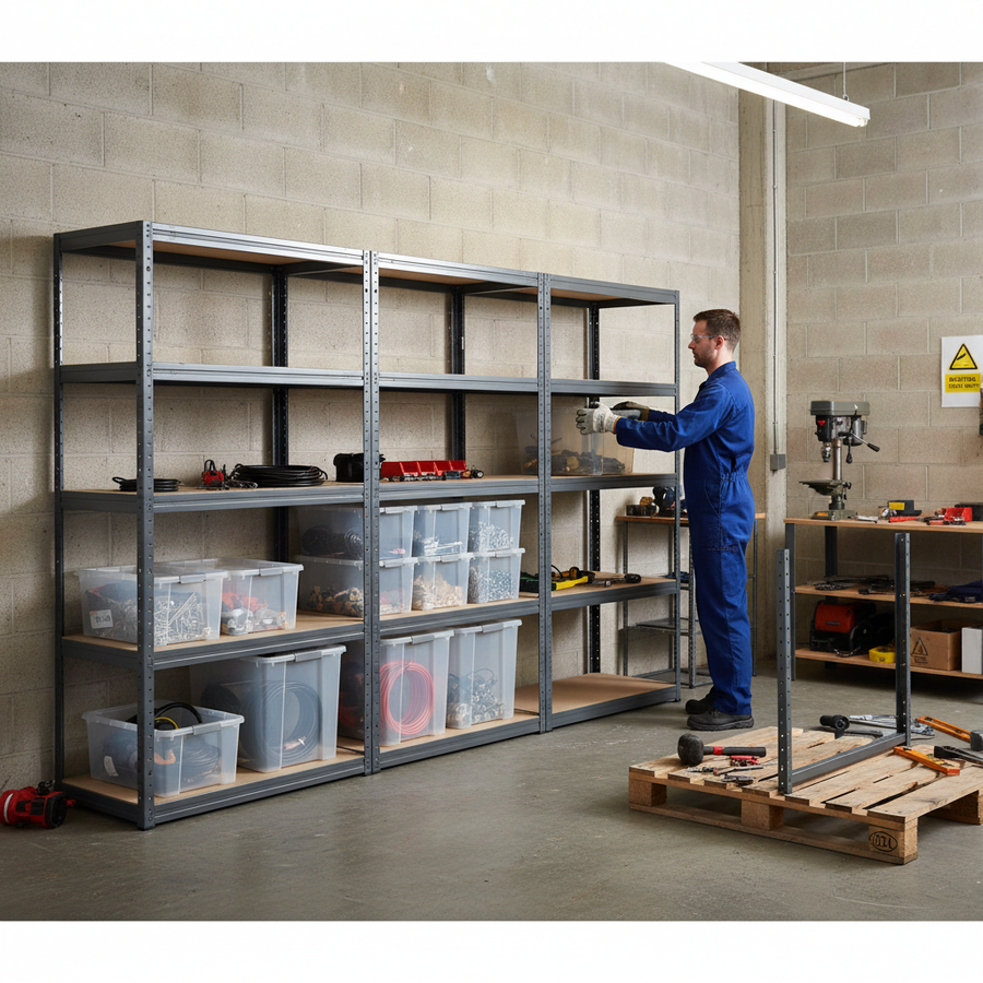 4x Heavy Duty Shelving Units - 1800mm High - Grey with 8x 60L Plastic Storage Boxes - Front view