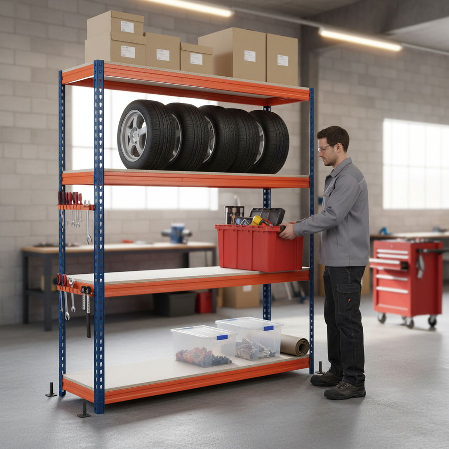 Heavy Duty Garage Shelving - 2000mm High - 500kg Load Capacity - Blue & Orange - Front view