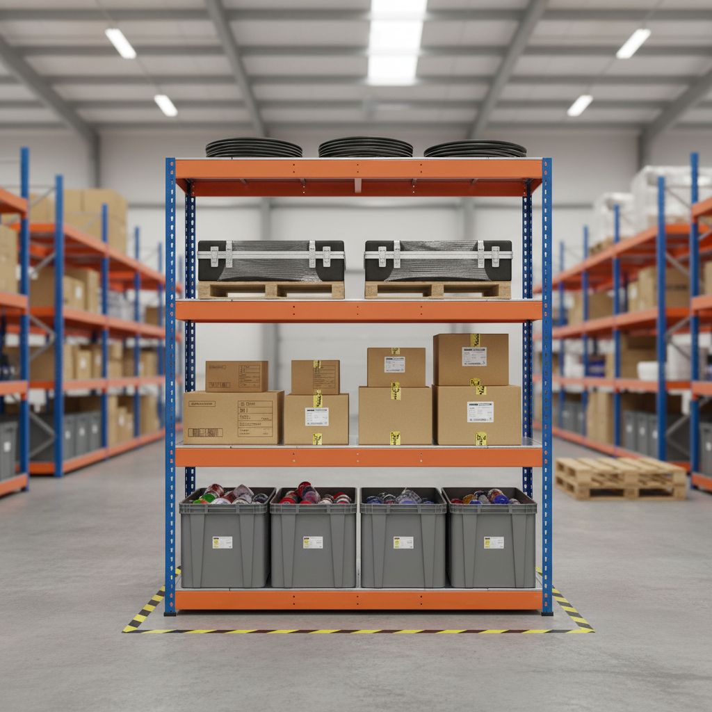 Premium Heavy Duty Industrial Shelving - 1677mm High - 400kg Capacity - Steel - Blue & Orange - Front view