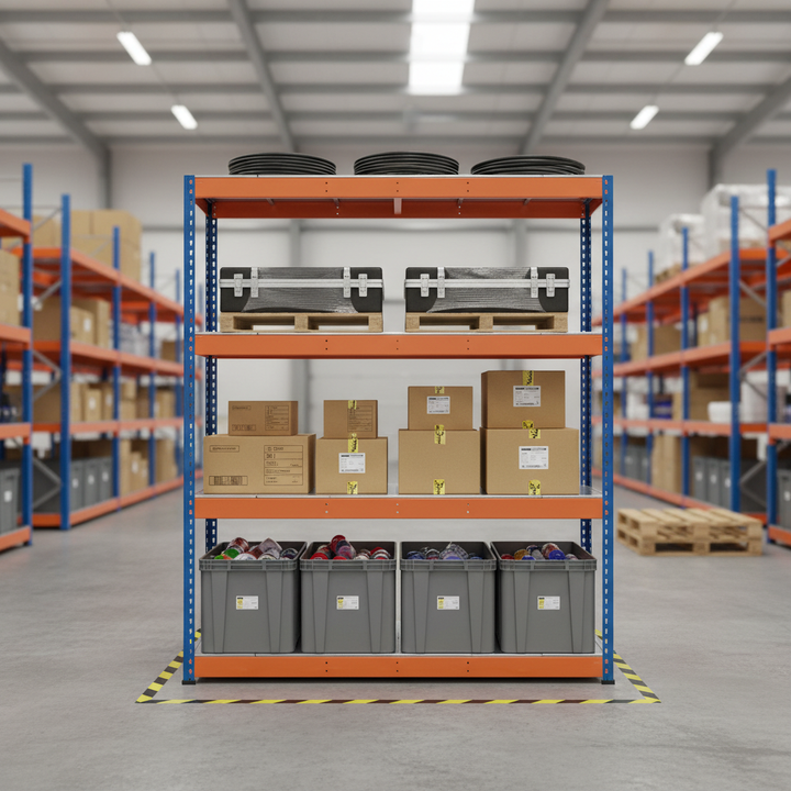 Premium Heavy Duty Industrial Shelving - 1677mm High - 400kg Capacity - Steel - Blue & Orange - Front view