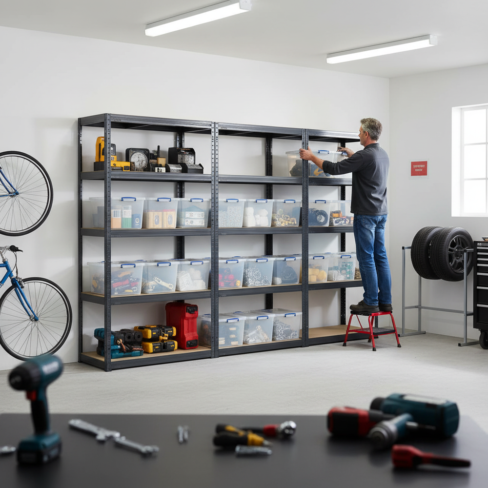 3x Heavy Duty Shelving Units - 1800mm High - Grey with 12x 33.5L Storage Boxes - Side view