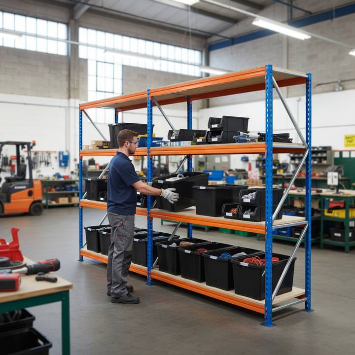 3x Premium Heavy Duty Shelving - 2000mm High - Blue & Orange with 8x 37L Plastic Storage Boxes - Front view