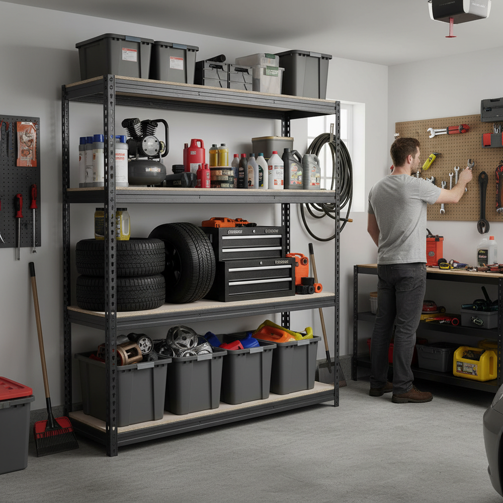 Premium Heavy Duty Garage Shelving - 2000mm High - 500kg Capacity - Grey - Side view