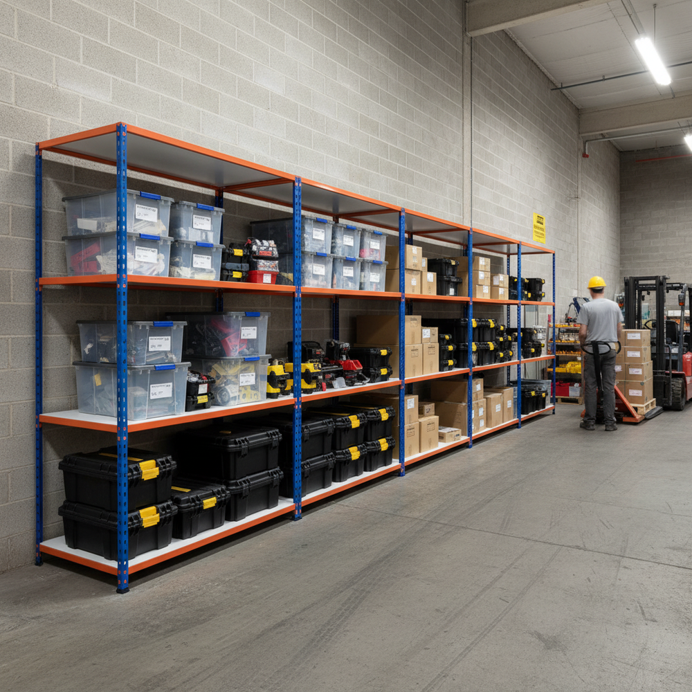 Premium 4x Industrial Shelving - 2440mm High - 340kg Capacity - Melamine - Blue & Orange - Side view