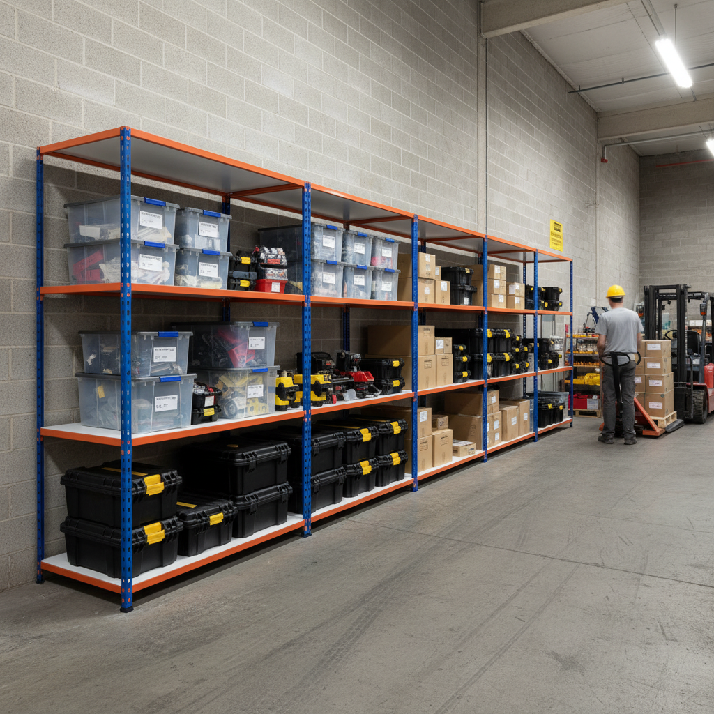 Premium 4x Industrial Shelving - 2440mm High - 340kg Capacity - Melamine - Blue & Orange - Side view