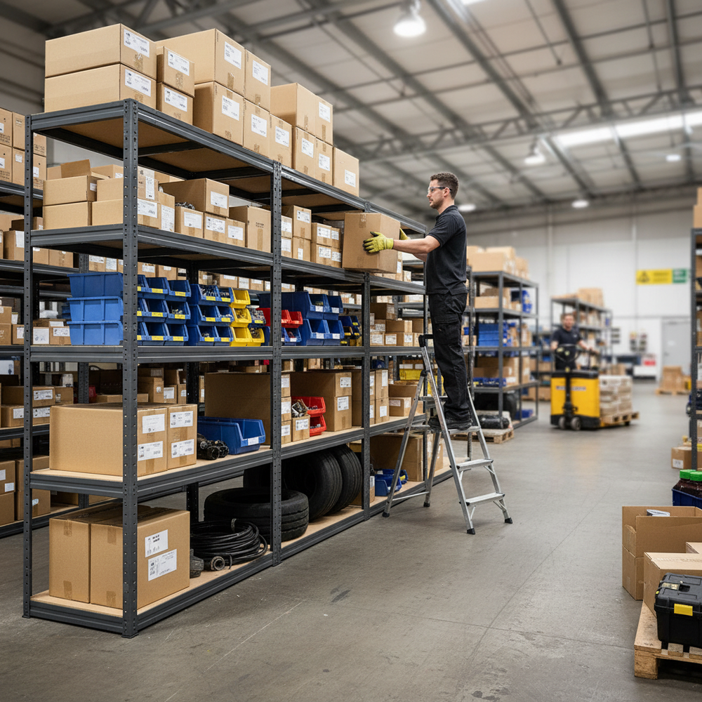 4x Heavy Duty Shelving - 2130mm High - 200/280kg Load Capacity - Grey - Side view