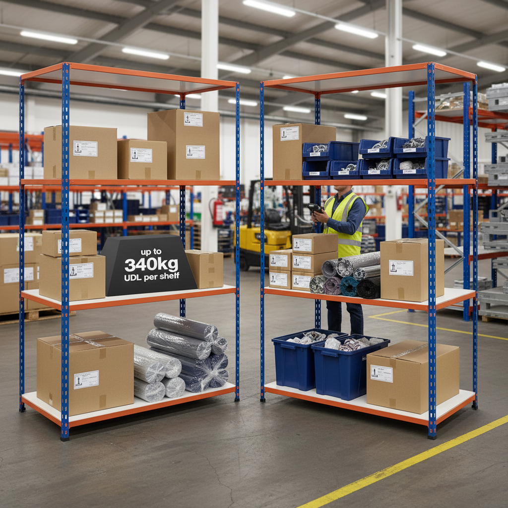 Premium Industrial Shelving - 2440mm High - 340kg Capacity - Blue & Orange - Side view