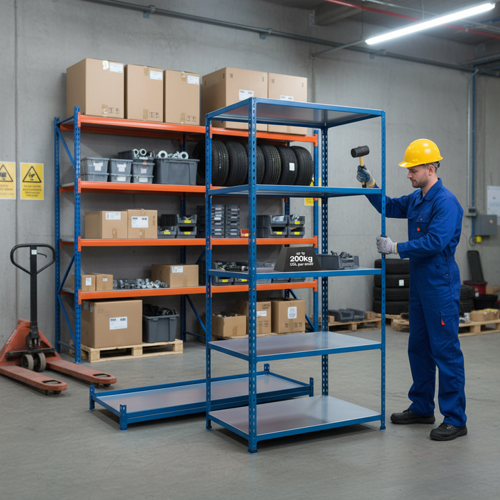 Premium Heavy Duty Industrial Shelving - 2440mm High - 200kg Capacity - Steel - Blue Finish - Front view