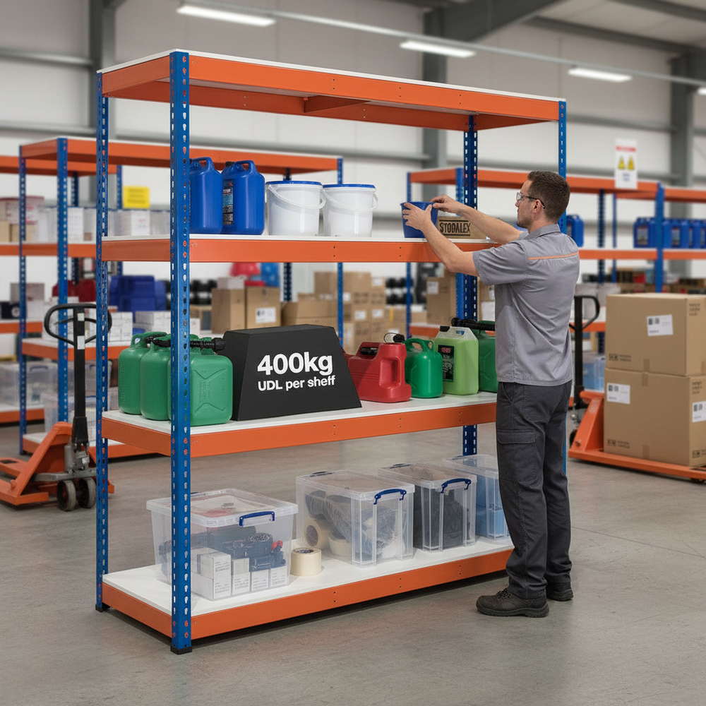 Heavy Duty Industrial Shelving - 1980mm High - 400kg Capacity - Melamine - Blue & Orange - Side view