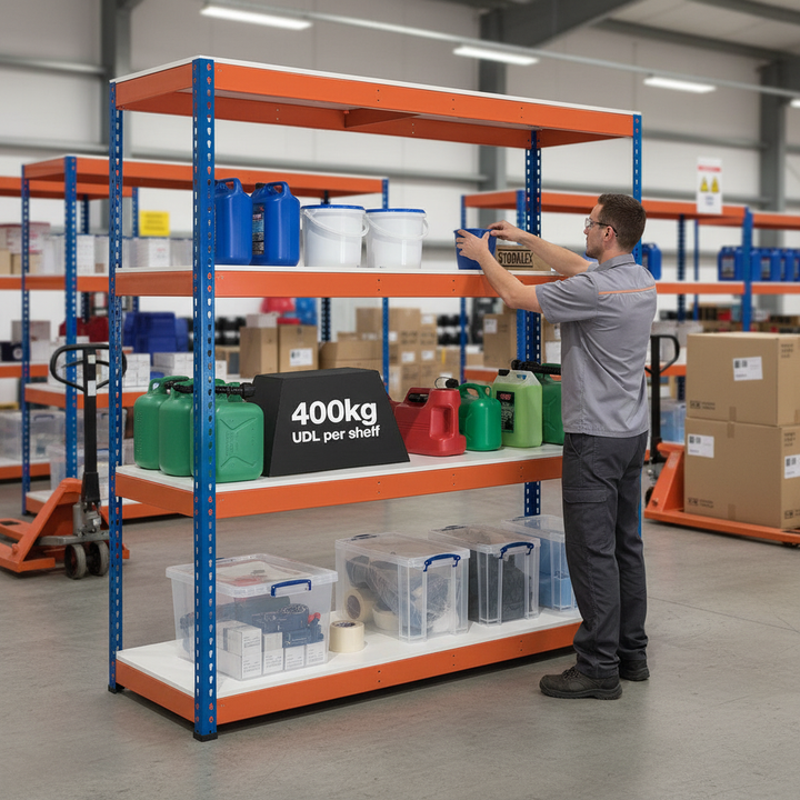 Heavy Duty Industrial Shelving - 1980mm High - 400kg Capacity - Melamine - Blue & Orange - Side view