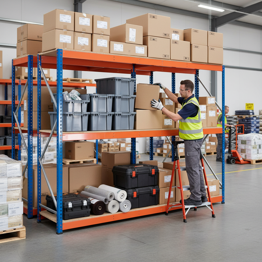 Heavy Duty Industrial Shelving - 1980mm High - 800kg Capacity - Chipboard - Blue & Orange - Front view