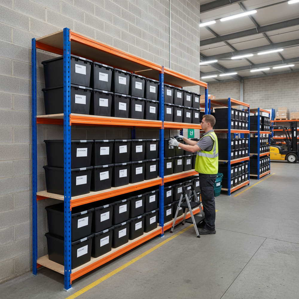 2x Premium Heavy Duty Shelving - 2200mm High - Blue & Orange with 12x 37L Plastic Storage Boxes - Side view