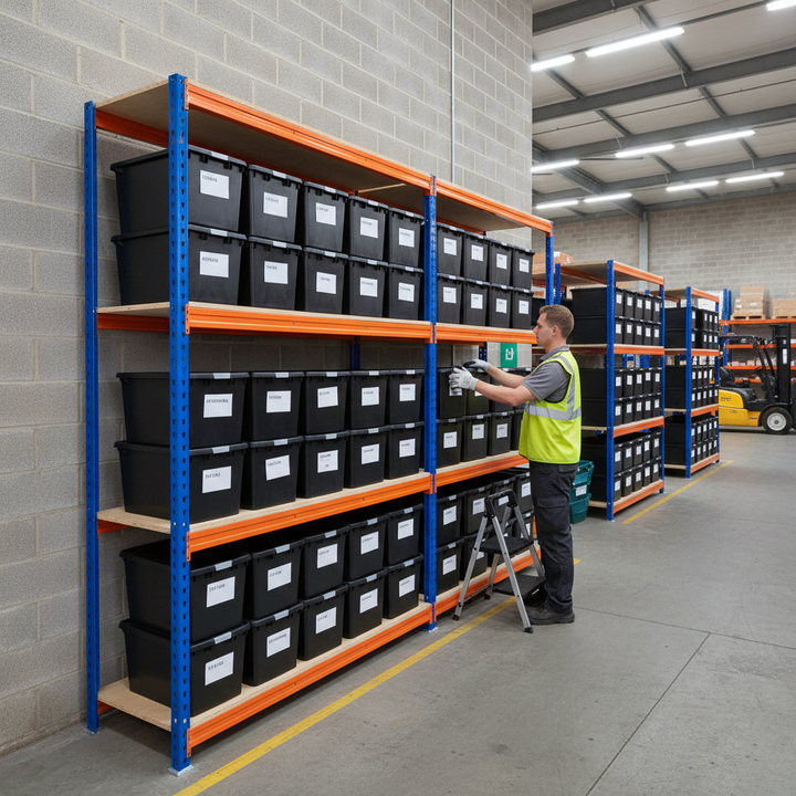 2x Premium Heavy Duty Shelving - 2200mm High - Blue & Orange with 12x 37L Plastic Storage Boxes - Side view
