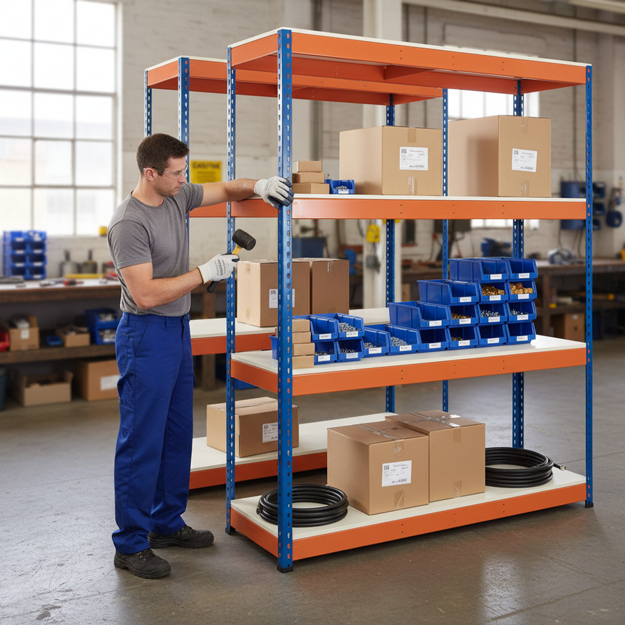 3x Heavy Duty Industrial Shelving - 1980mm High - 400kg Capacity - Melamine - Dual Color Design - Front view