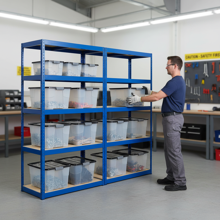 Premium 2x Shelving Units - 1800mm High - Blue with 12x 24L Storage Boxes - Front view