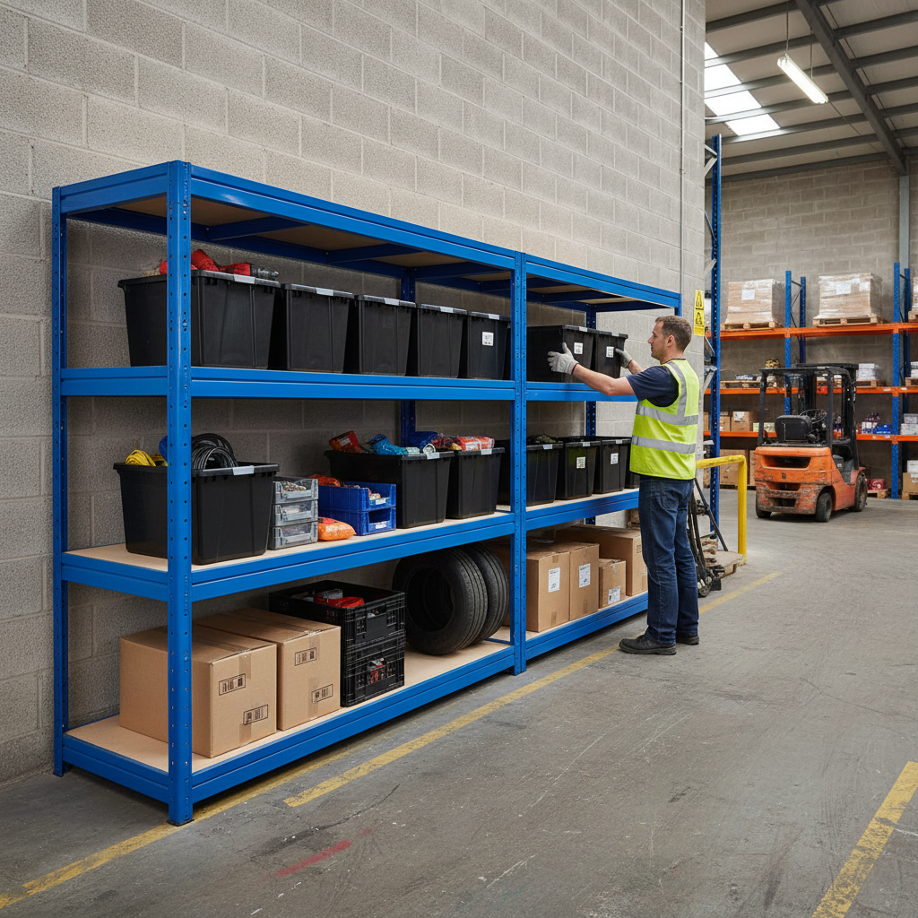 4x Premium Heavy Duty Shelving - 1770mm High - Blue with 12x 37L Plastic Storage Boxes - Side view