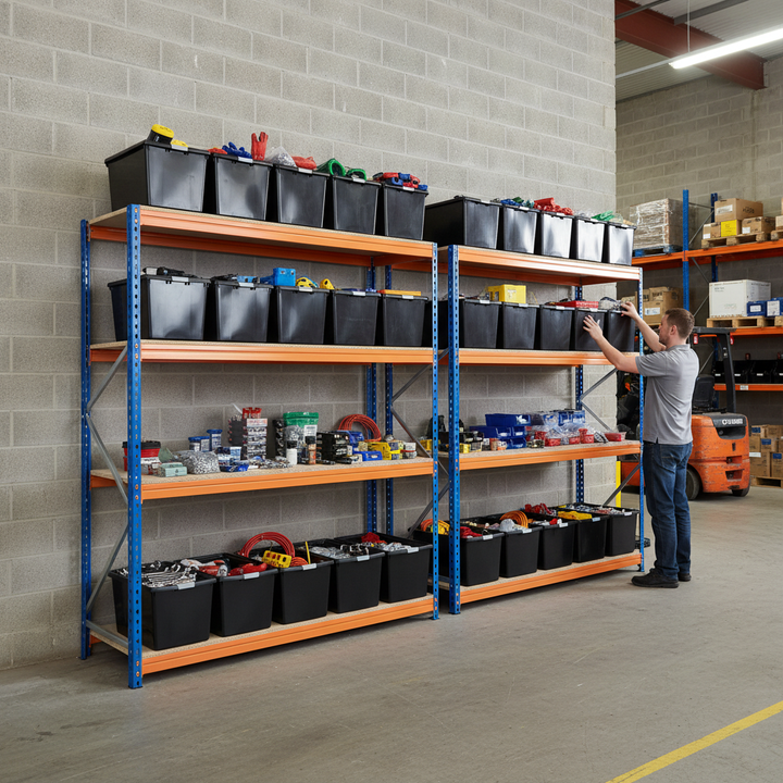 4x Heavy Duty Shelving - 2000mm High - Blue & Orange with 12x 37L Plastic Storage Boxes - Side view