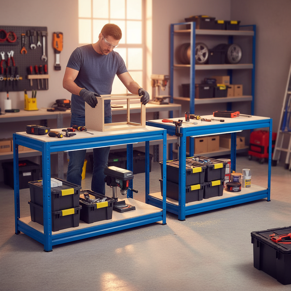 Premium Heavy Duty Workbenches - 870mm High - 600kg Capacity - Blue - Side view
