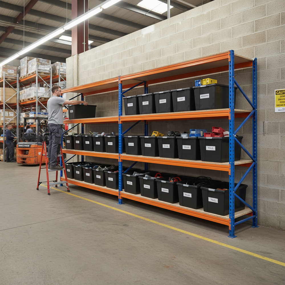 3x Heavy Duty Shelving Units - 1800mm High with 12x 37L Storage Boxes - Side view