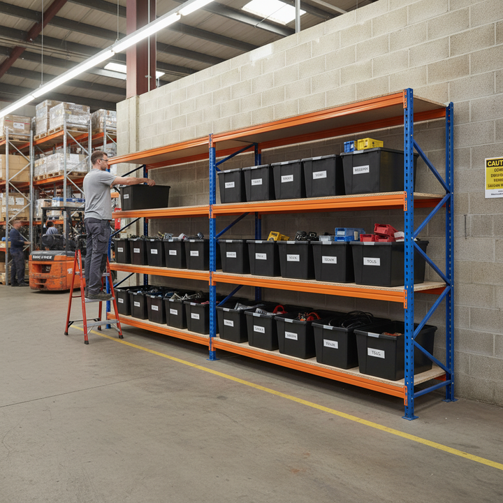 3x Heavy Duty Shelving Units - 1800mm High with 12x 37L Storage Boxes - Side view