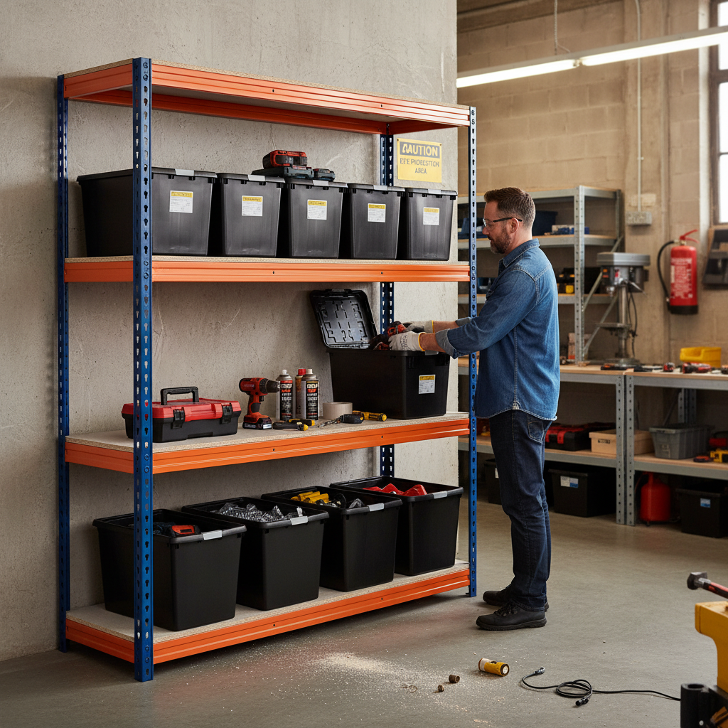 Heavy Duty Industrial Shelving - 2000mm High with 12x 37L Storage Boxes - Side view