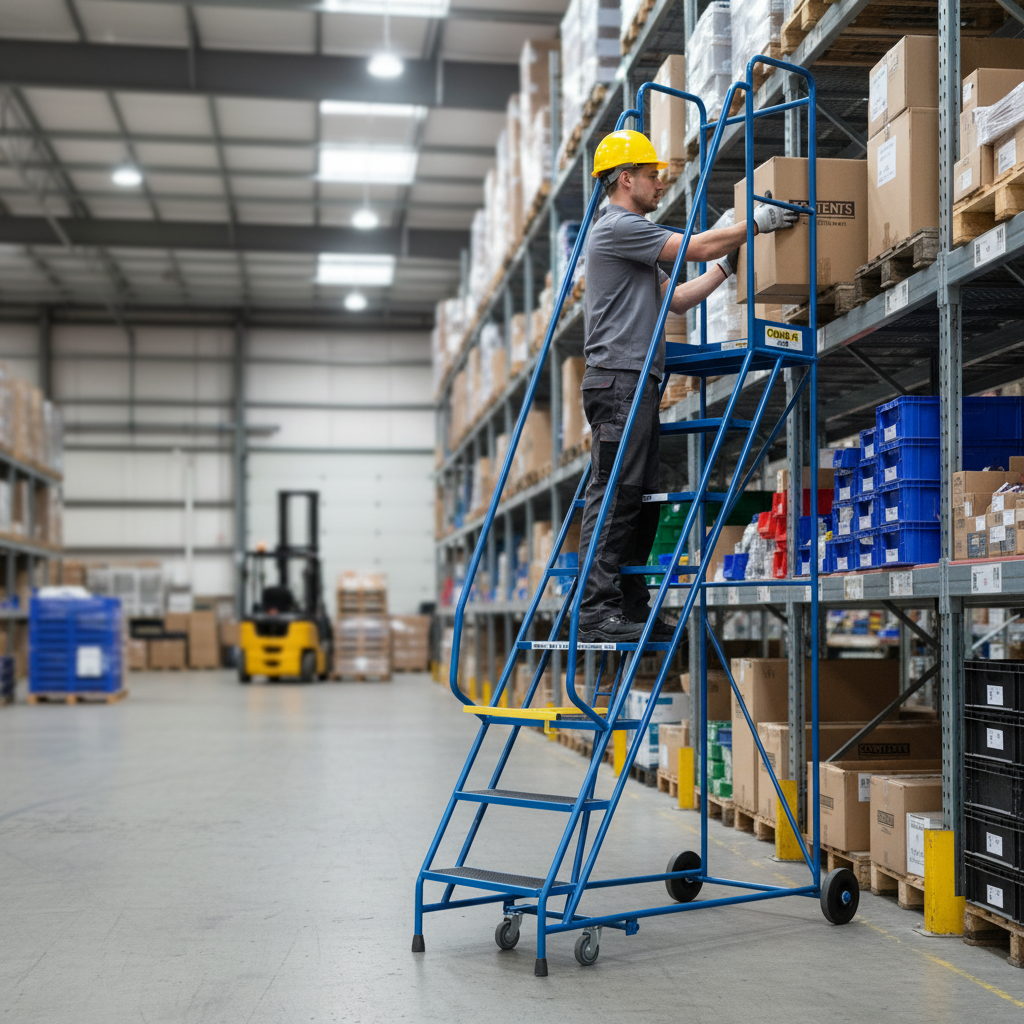 Heavy Duty Mobile Safety Steps with Anti-Slip Platform & Handrails - Side view