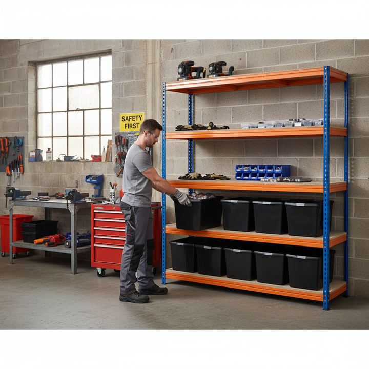 3x Heavy Duty Shelving Units - 1800mm High with 12x 37L Storage Boxes - Front view
