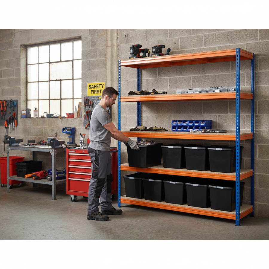 3x Heavy Duty Shelving Units - 1800mm High with 12x 37L Storage Boxes - Front view